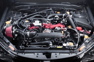 Black Subaru STI Front Engine Bay shot